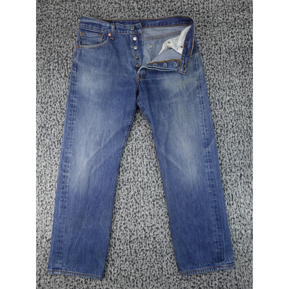 Levi's 501 Original Fit Jeans Mens 35x32 Blue Distressed Button Fly Denim